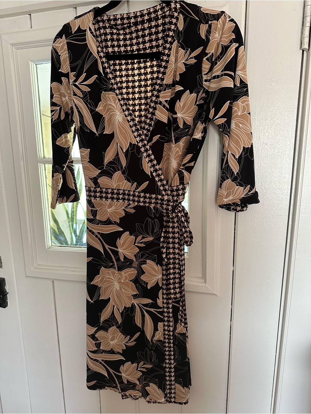 White House Black Market Black and Beige Floral Wrap Dress